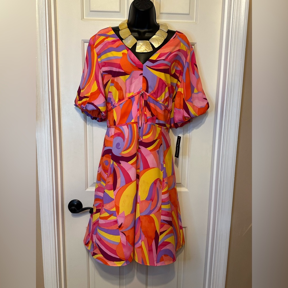 SG05-Donna Morgan Pink, Yellow and Orange V-Neck Sundress